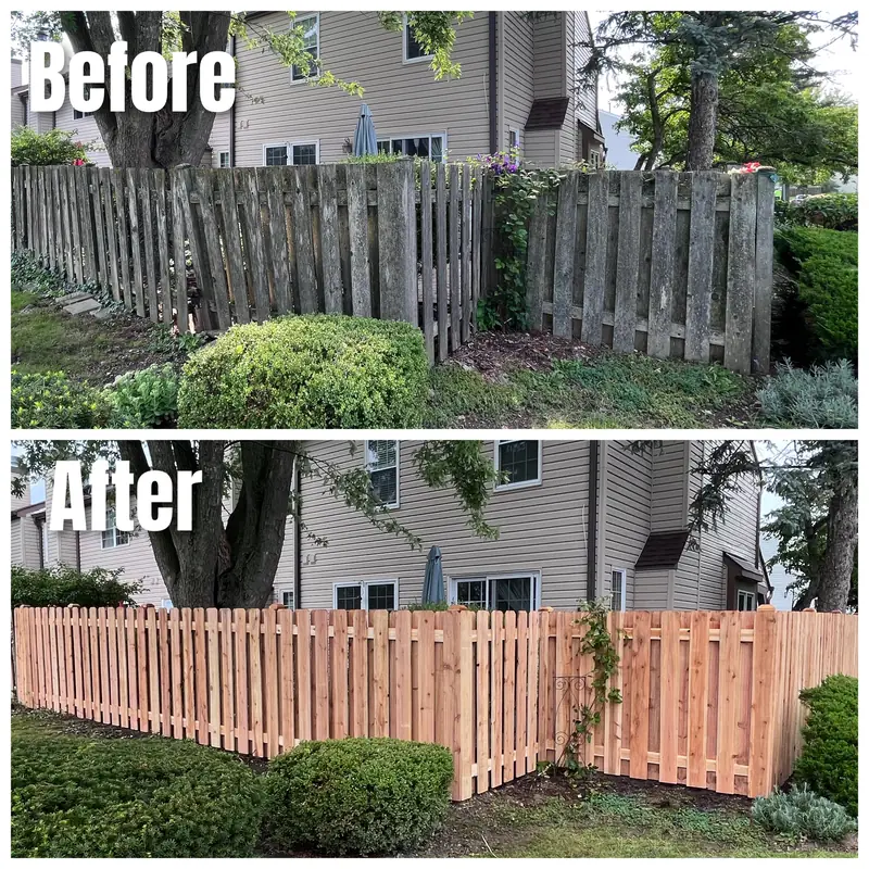 Before and after: a gray, sagging wood fence replaced with a new cedar shadowbox fence