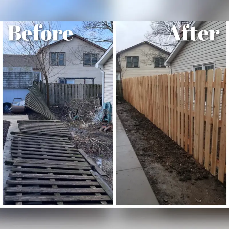 Before and after: a collapsed wood fence lying on the ground replaced with a new spaced-picket fence