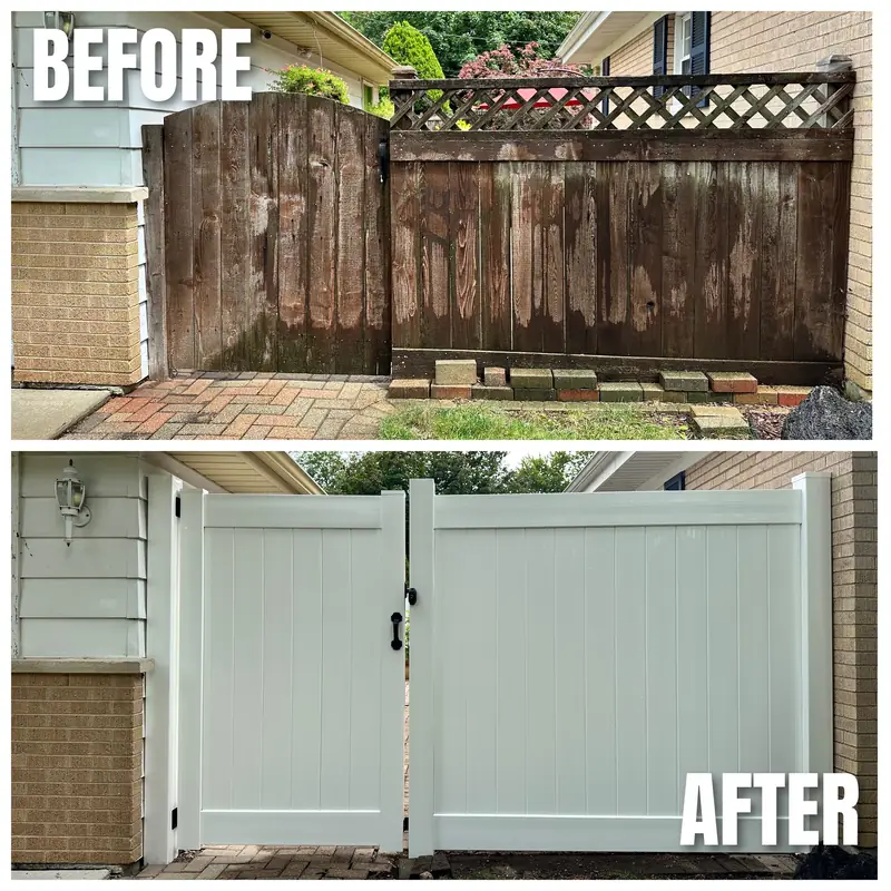 Before and after: a rotting wood gate and lattice panel replaced with a white vinyl double gate