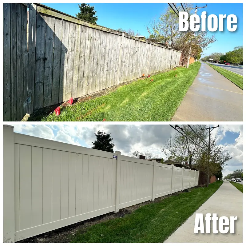 Before and after: a gray, weathered wood privacy fence along a sidewalk replaced with white vinyl